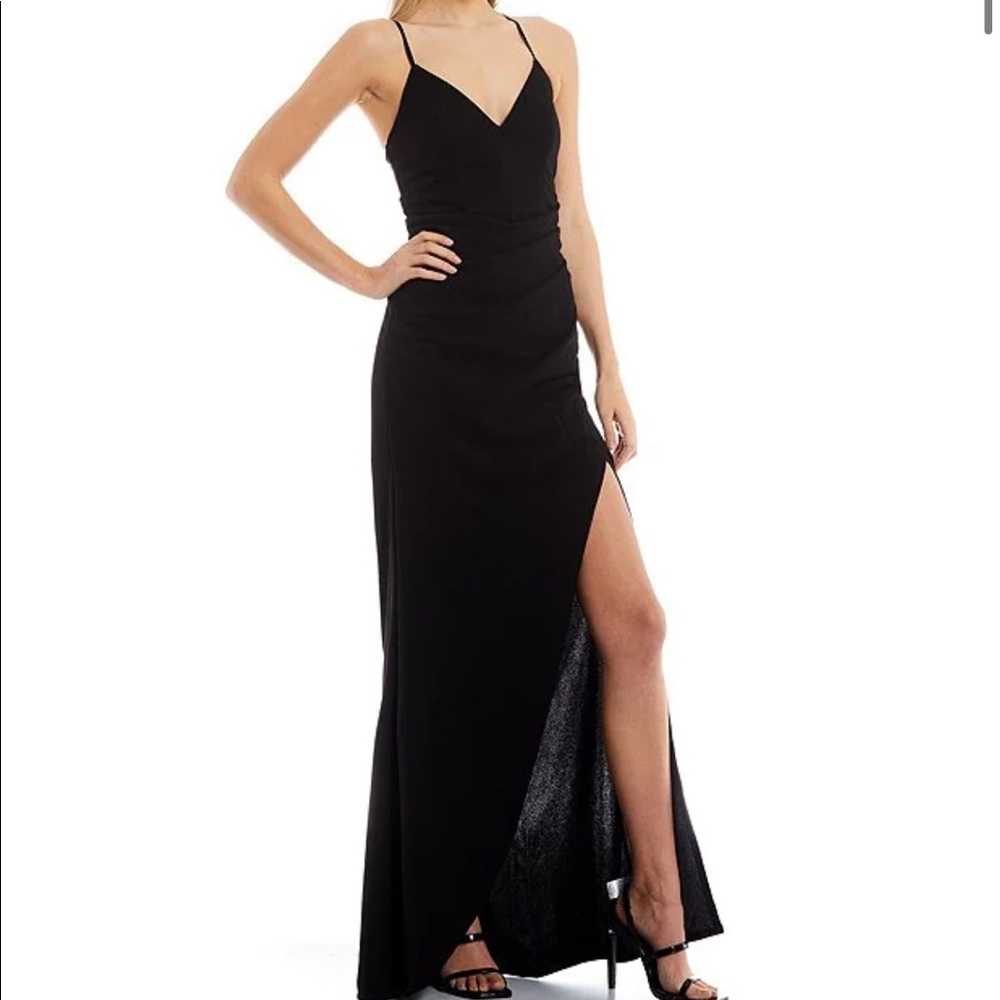 Spaghetti-Strap V-Neck Shirred Satin Faux-Wrap Slit Long Dress (Size: Small)